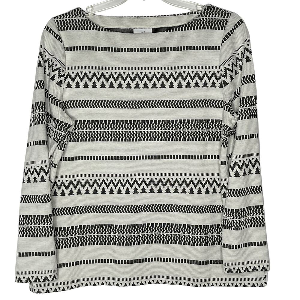 J. Jill Geometric Design Blouse Comfy Black Ivory Crew Neck Size L